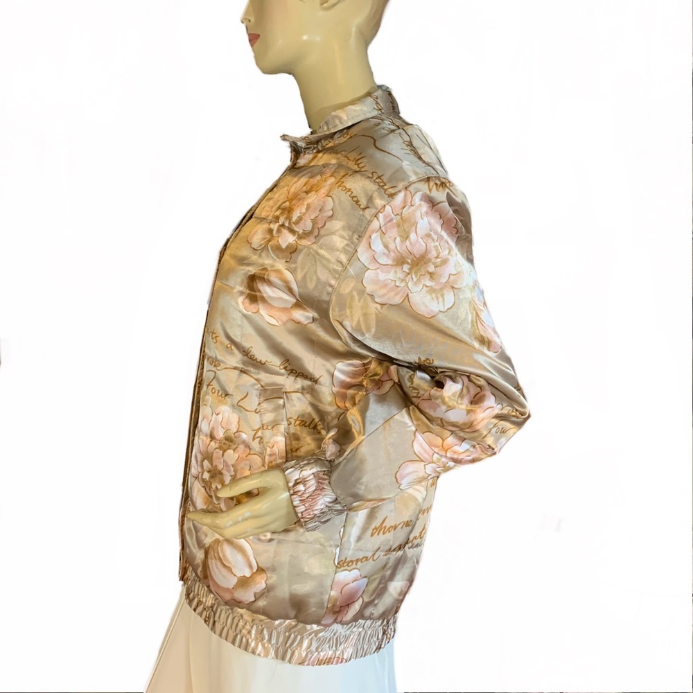 VINTAGE OLEG CASSINI FLORAL PRINT CREAM A  PINK BLUSH SATIN BOMBER JACKET (M) - Picture 5 of 13